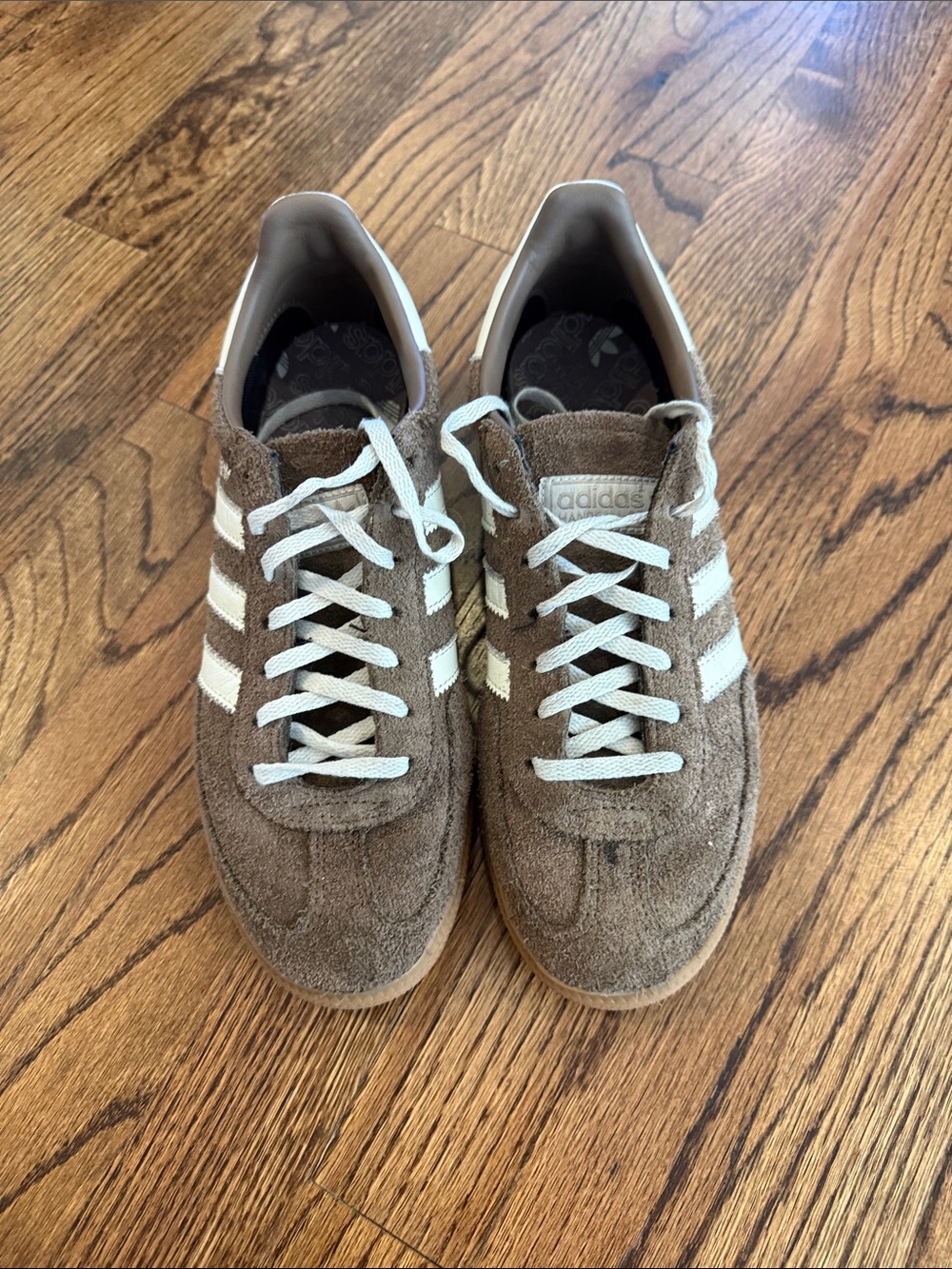 adidas Womans Brown Suede Sneakers with Cream Stripes